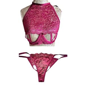 Sexy Wine Burgundy & Gold Lace Halter Bralette Open Bottom Panty Set Large